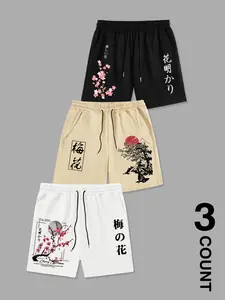 Men's 3-Pack Japanese Sakura Shorts - Cherry Blossom Plum Print Black/Beige/White Casual Shorts, Drawstring Waist Loose Fit, Breathable Summer Ukiyo-e Streetwear