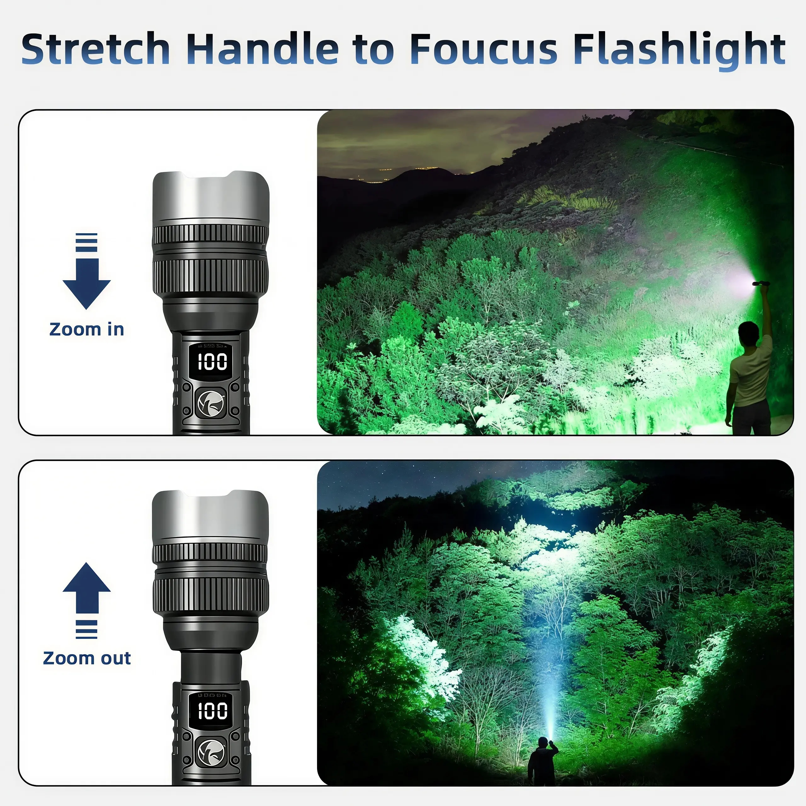 2-in-1 Dual Function Rechargeable LED Flashlight Power Bank, Zoomable Portable Rugged Torch with Digital Battery Display, Waterproof Outdoor Survival Light for Camping, Hiking and Vehicle Emergency Use