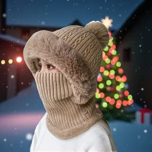 Knitted Hat Cap Pompom Plush Ears Solid Color Autumn Winter Women Face Cover Neck Gaiter Warmer Beanie Cap for Ski Windproof Protection Breathable Stylish Hiking Snowboarding Running