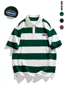 Casual Short-Sleeve Striped Polo for Gen Z Men, Spring Fall Loose Fit, Preppy Style, Ideal for School & Outdoor Activities
