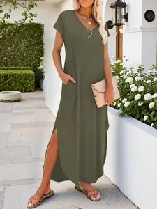 Women's Summer Home Sleepwear, V-Neck Short Sleeve Long Dress with Pockets, Casual Beach Vacation Wear, Suitable for Home Use