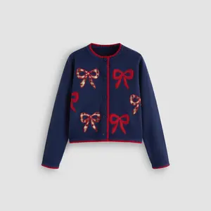 Cider Knit Round Neckline Bowknot Applique Cardigan