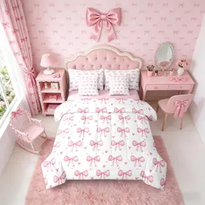 Girls Pink Bow Comforter Bed Set with Sheets,Dreamy Princess Pink Bows Bed Bag,Kids Teens Women Kawaii Room Decor,Cartoon Bow Tie 7 Pcs Bedding Set