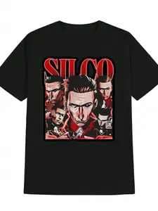 Men’s Casual Crew Neck T-Shirt with Silco Character Print – Black, Red & White Graphic Design, Perfect for Summer, Everyday T-Shirt, Bold Graphic Tee, Comfortable Fit, Plus Size