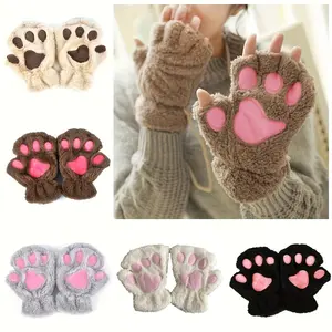 Women'S Cat Paw Design Plush Winter Gloves - Semi-Finger Warm Gloves, Suitable for Office, Cycling & Outdoor Activities, Soft Elastic Cuffs, Hand Washable, Cute Gray Pink, Comfortable Warm Material