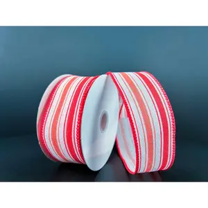 1.5"X10Y White Coral Melon  Linen Ticking Stripes Ribbon 42413-09-26