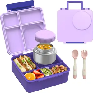 Bento Lunch Box Set for  with 8oz Soup Thermo, Leak-Proof Lunch Containers with 4 Compartment, Thermo Hot Insulated  Jar and Foldable Fork Spoon for  to School (Pale Purple)
