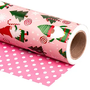 Reversible Gnome Christmas Wrapping Paper - Mini Roll - 17 Inch x 33 Feet - RRed Green Gnome Wrapping Paper and Pink White Polka Dots for Christmas, Holiday, Party