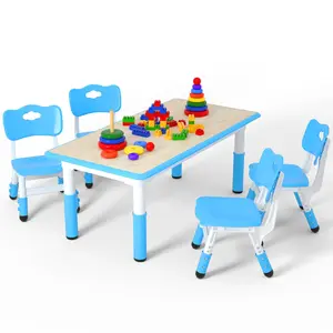 Kids Table and 4 Chairs Set，Height Adjustable Children Table & Chair，Toddlers Study Multi-Activity Table with 47.2"x23.6" Wipe-Clean Desktop，for Classrooms, Homes & Daycares, Blue