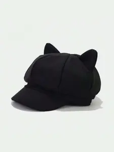 Cute Cat Ear Design Beanie Hat, Casual Trendy Retro Beret Hat for Women & Men, Fashionable Black Hat for Daily Wear for All Season, Adjustable Hat