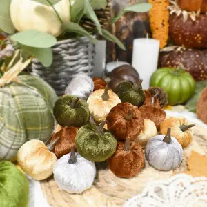 12pcs Velvet Pumpkins Decor Set, Artificial Fall Pumpkin Decor for Halloween Thanksgiving Harvest Table Centerpieces