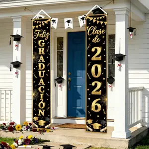 1 pair, 11.8*70.9 inches, Spanish 2026 Graduation Happy Front Porch Sign Party Banner, black background with gold border and gold text, designs with graduation cap, diploma, and fireworks, suitable for graduation celebration party hanging decoration