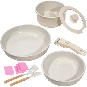 Set of 11 Ceramic Nonstick Cookware Including Pots And Pans with Detachable Handles, Safe for RV Kitchens, Suitable for Oven And Dishwasher Use, Stackable, Induction Compatible, Featuring Frying Pans And Saucepans in Beige,