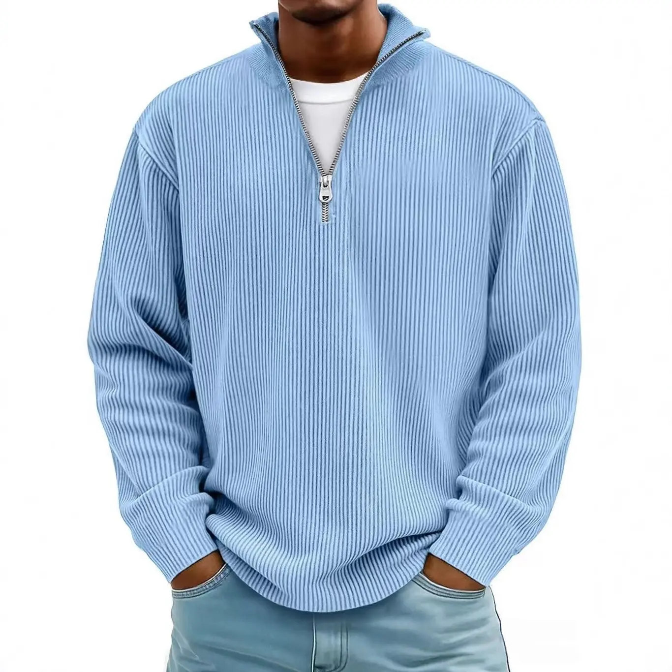 Men's Retro Corduroy Polo Shirt - Long Sleeve Half-Zip Pullover with Vertical Stripes, Drop Shoulders, Relaxed Fit, Polyester Fabric, Retro Look