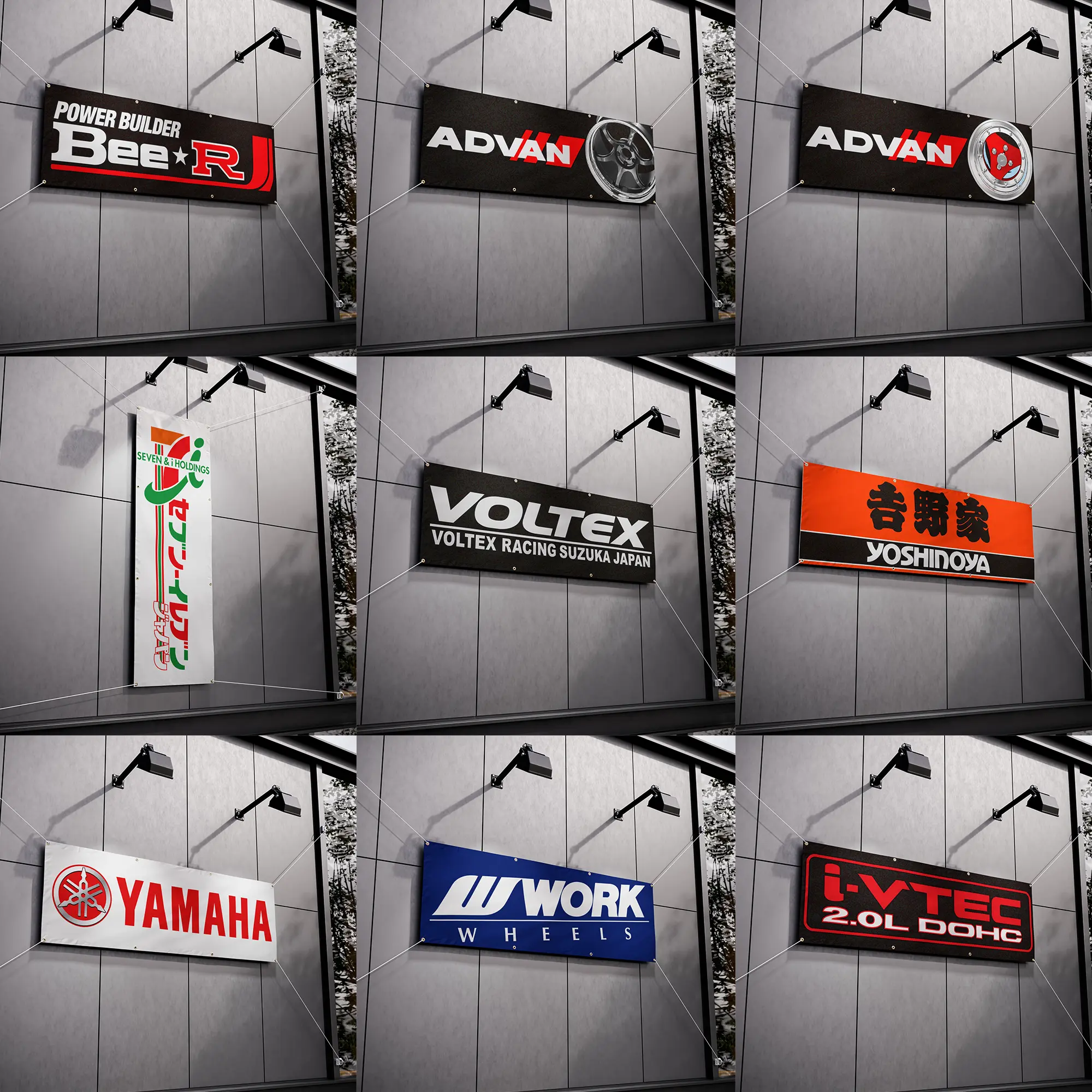Bee R Advan Seven Eleven Voltex Yoshinoya Yamaha Work Wheels VTEC JDM Flag Banner, Japanese Racing Garage Wall Decor, Durable Polyester Hanging Sign for Auto Shop, Workshop, Man Cave, Car Meet and Automotive Enthusiast Gift