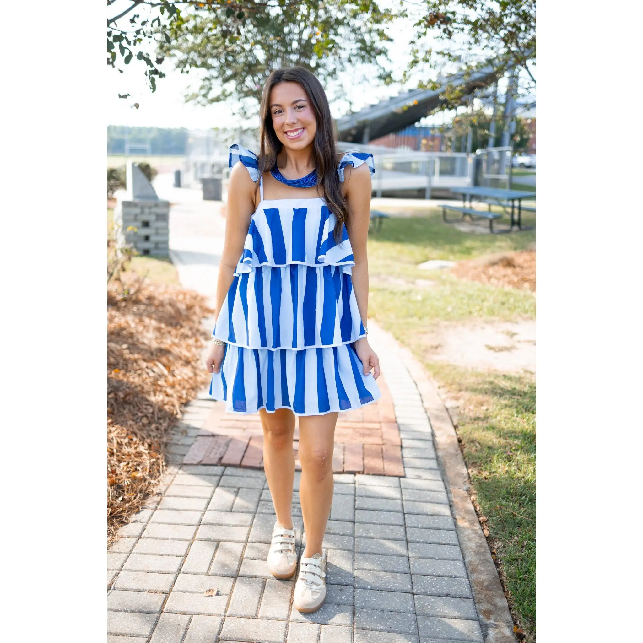 Blue Stripe Ruffle Tiered Dress