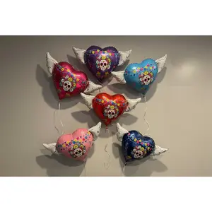 Día de los Muertos 17" Memorial Balloon – Heart Shaped with Angel Wings Day of the Dead Tribute - 2 Balloons Included