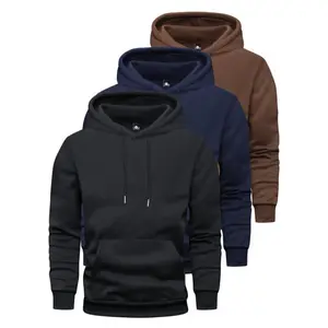 Men's 3-Pack Casual Pullover Hoodies with Kangaroo Pocket, 100% Polyester Solid Color Hooded Sweatshirts with Slight Stretch, Long Sleeve Knit Sweatshirts Perfect for Outdoor Running & Jogging