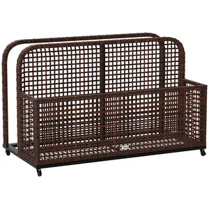 Outsunny Patio Wicker Pool Float Storage with Wheels, Outdoor Rolling PE Rattan Pool Caddy, Includes Compartment and Basket, for Pool, Garden, Deck, Brown