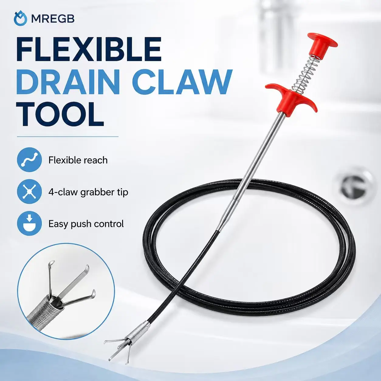 MREGB 2 Meter Drain Clog Remover. Flexible Sewer Cleaning Snake Tool & Hair Catcher. Heavy Duty Plumbing Unclogger for Kitchen Sink, Toilet, Bathtub and Shower Pipes. 1 Count Home Essential.