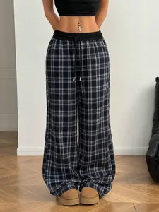 Women's Plaid Patchwork Loose-Fit Straight Leg Pants, Casual All-Season Wear, Comfortable Everyday, Versatile Graduation & Back-To-School Apparel, Casual Streetwear Pants