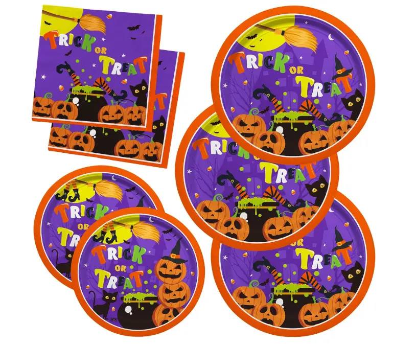 Halloween Party Supplies Kit Serve 50，Halloween Witch Pumpkin Design Includes Disposable Dinner Plates, Dessert Plates and Napkins, Birthday Party Decorations