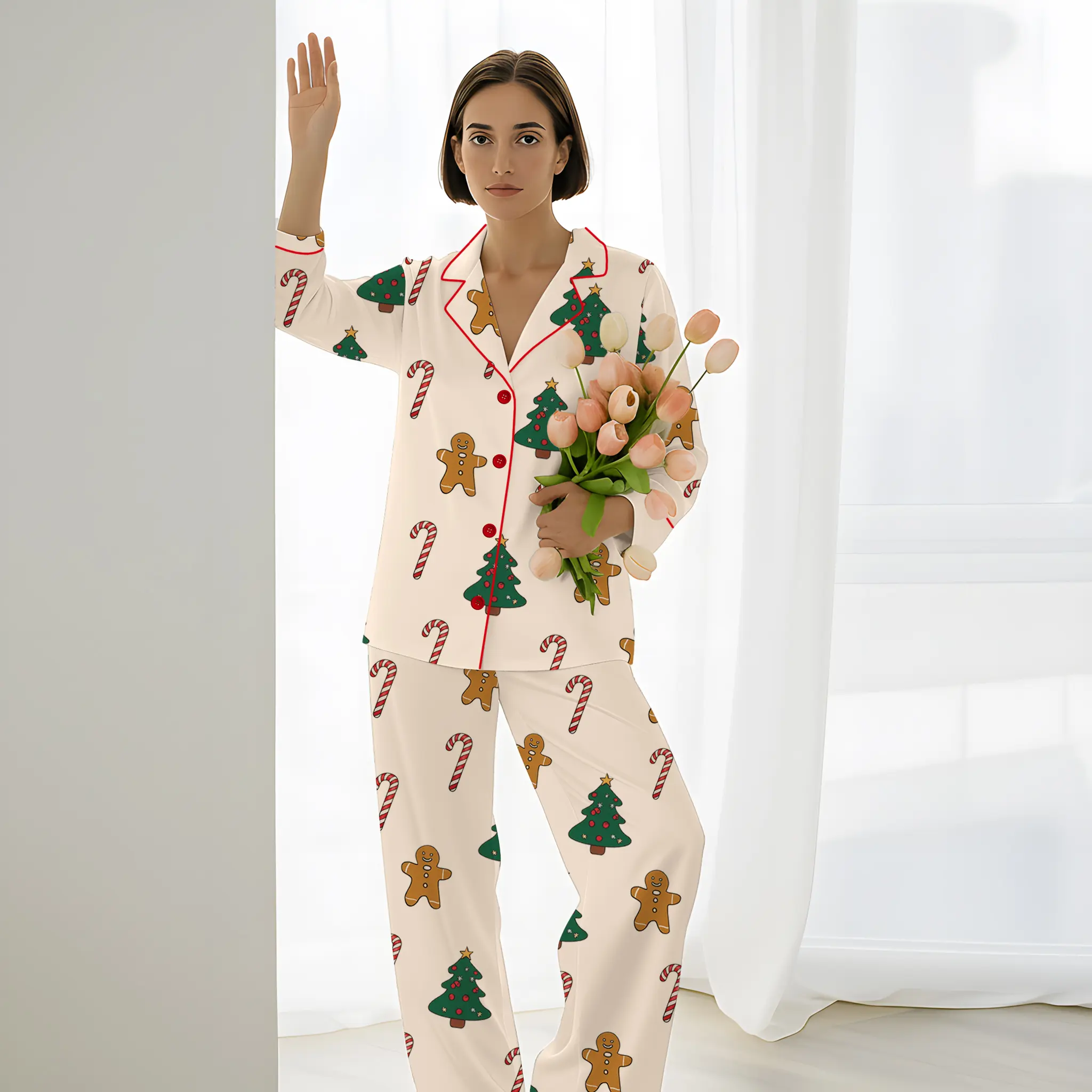 Christmas Gingerbread Candy Cane Christmas Tree Print Satin Pajamas Set, Family Christmas Pajamas, Gingerbread man Pajamas, Holiday Pajamas