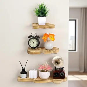 3 Pcs Small Rustic Wave Edge Floating Shelf, 3 Size Brown Wooden Shelf Cloud Farmhouse Vintage Wall Decor with Metal Brackets for Living Room Bedroom Bathroom