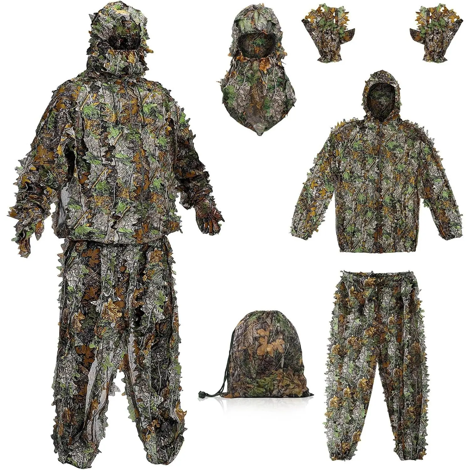 Unisex 3D Leaf Ghillie Hunting Suit - Polyester Blend Full Camo Wear with Adjustable Hood, Face Mask, Gloves, Lightweight Breathable Sniper Outfit for Airsoft, Wildlife Photography (Specific Sizes Available)