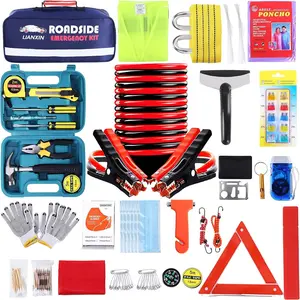 Roadside Assistance Emergency Kit - Car Emergency Kit with Upgraded Jumper Cables, 142 Pieces Car Safety Kit includes Tow Strap, Tool Kit, Reflective Warning Triangle