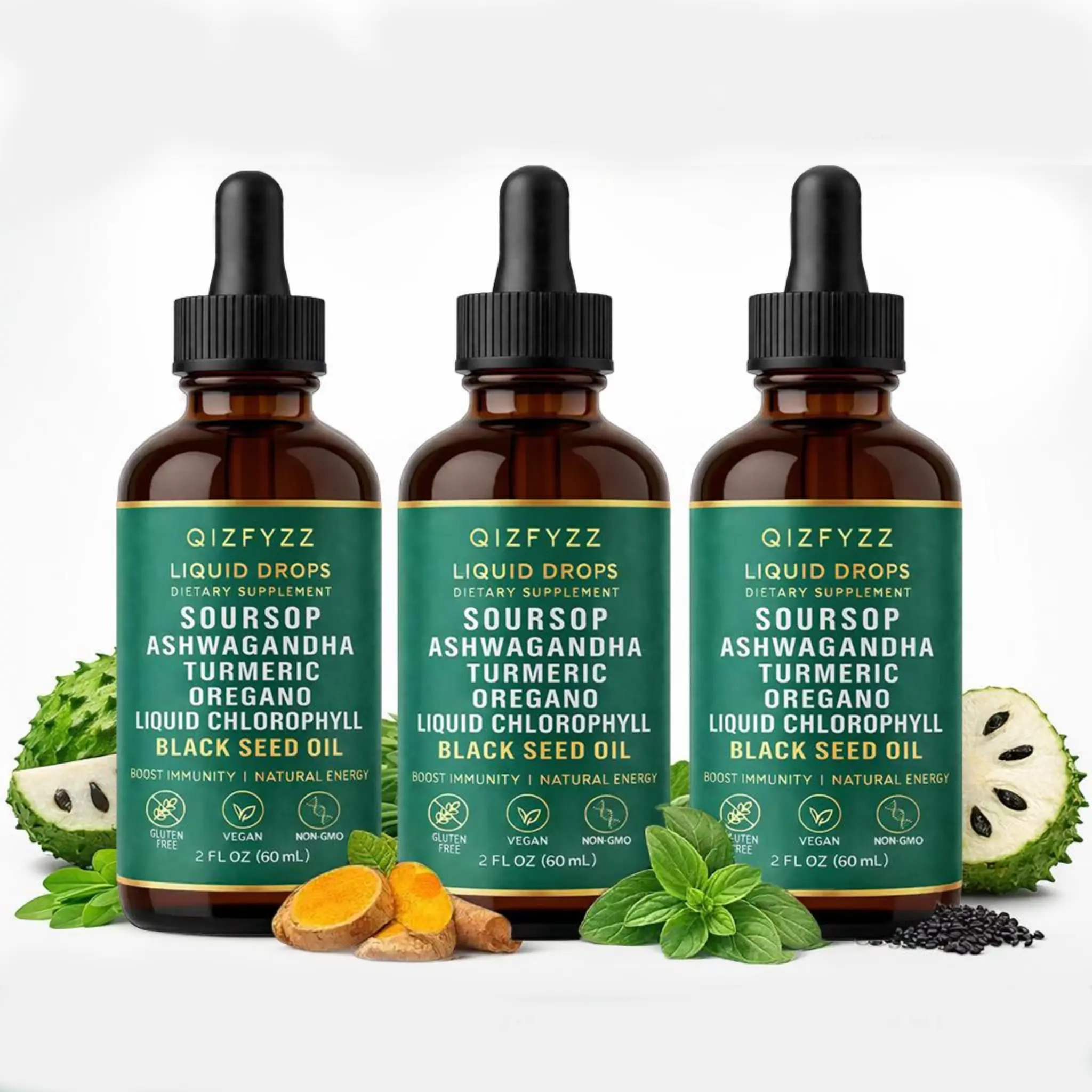 QIZFYZZ Edible Botanical Extract Herbal Supplements - Soursop, Moringa Oleifera, Sea Moss, Oregano Liquid Essence Natural Health Supplements for Immune Enhancement (3 Bottles) | Healthy Body Support