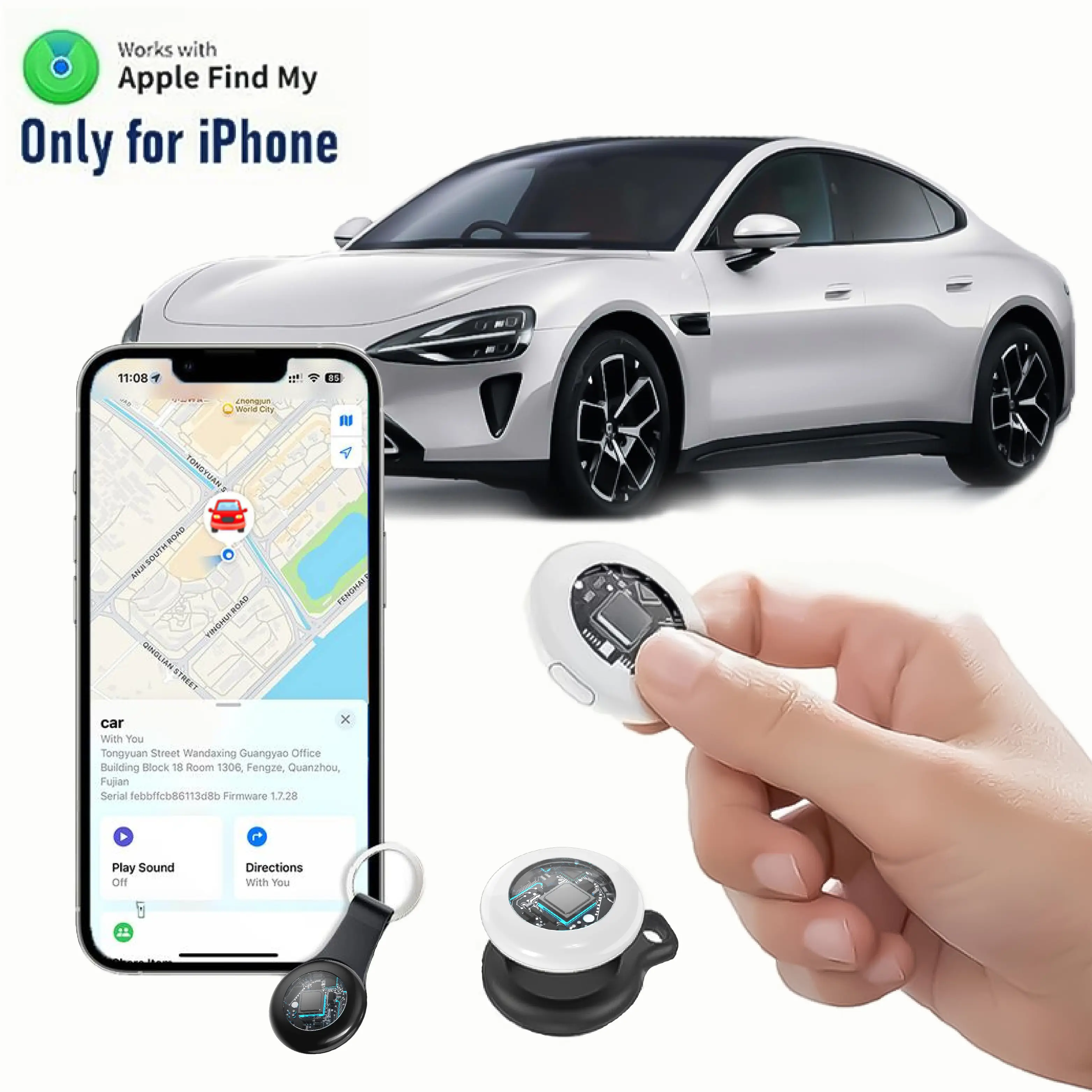 [Fall Deals] Tukio GPS Tracker for Cars & Pets (iOS Only)- Mini Clear Design, Weatherproof Case, Anti-Lost Device, Works with Apple Find My (iOS Only)