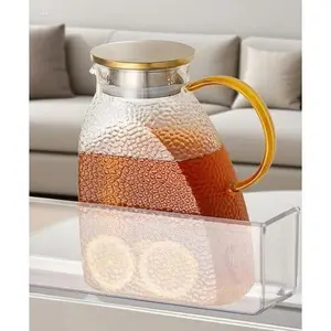 Premium Glass Water Pitcher with Leakproof Stainless Steel Lid, 1.8L Fridge Door Carafe for Hot & Cold Drinks, High Borosilicate Jug, Durable & BPA-Free Beverage Container, 63 oz Large Capacity Drinkware Coffee Fruit Pottery Pour Serving Silicone Strainer