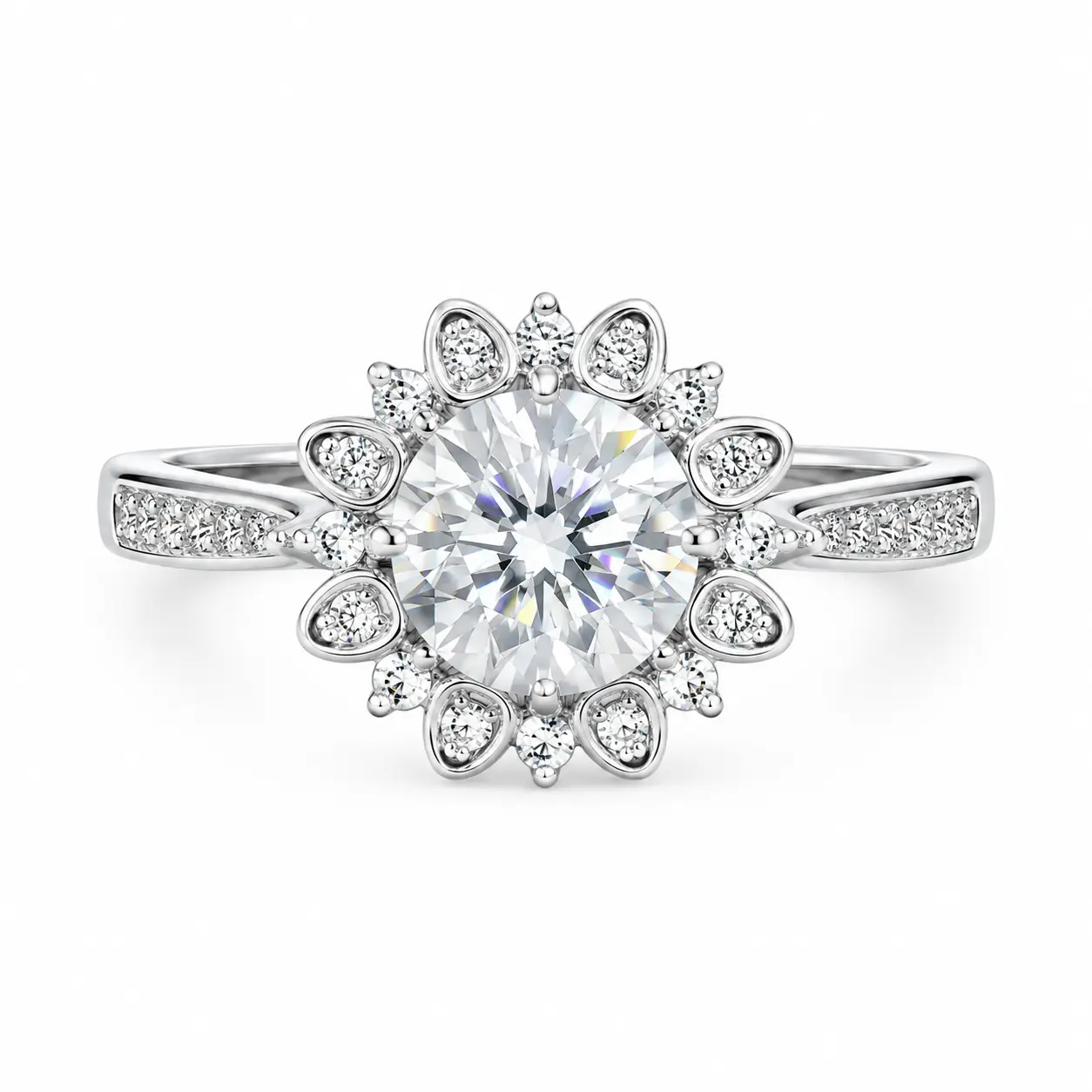 0.8CT Round Moissanite Floral Halo Ring – Platinum Plated Adjustable Sparkling Ring for Women