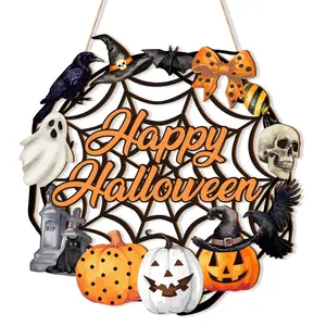 Halloween Door Hanging Wall Decor, Pumpkin Wooden Ghost Cave Wreath, Front Door Cat Wreath Sign, Outdoor Indoor Farmhouse Party Supplies