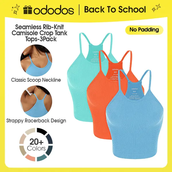 ODODOS Women's Crop 3-Pack Seamless (No Padding) Rib-Knit Camisole Waist Length Crop Tank Tops, summerwins,back to school,back to school shopping