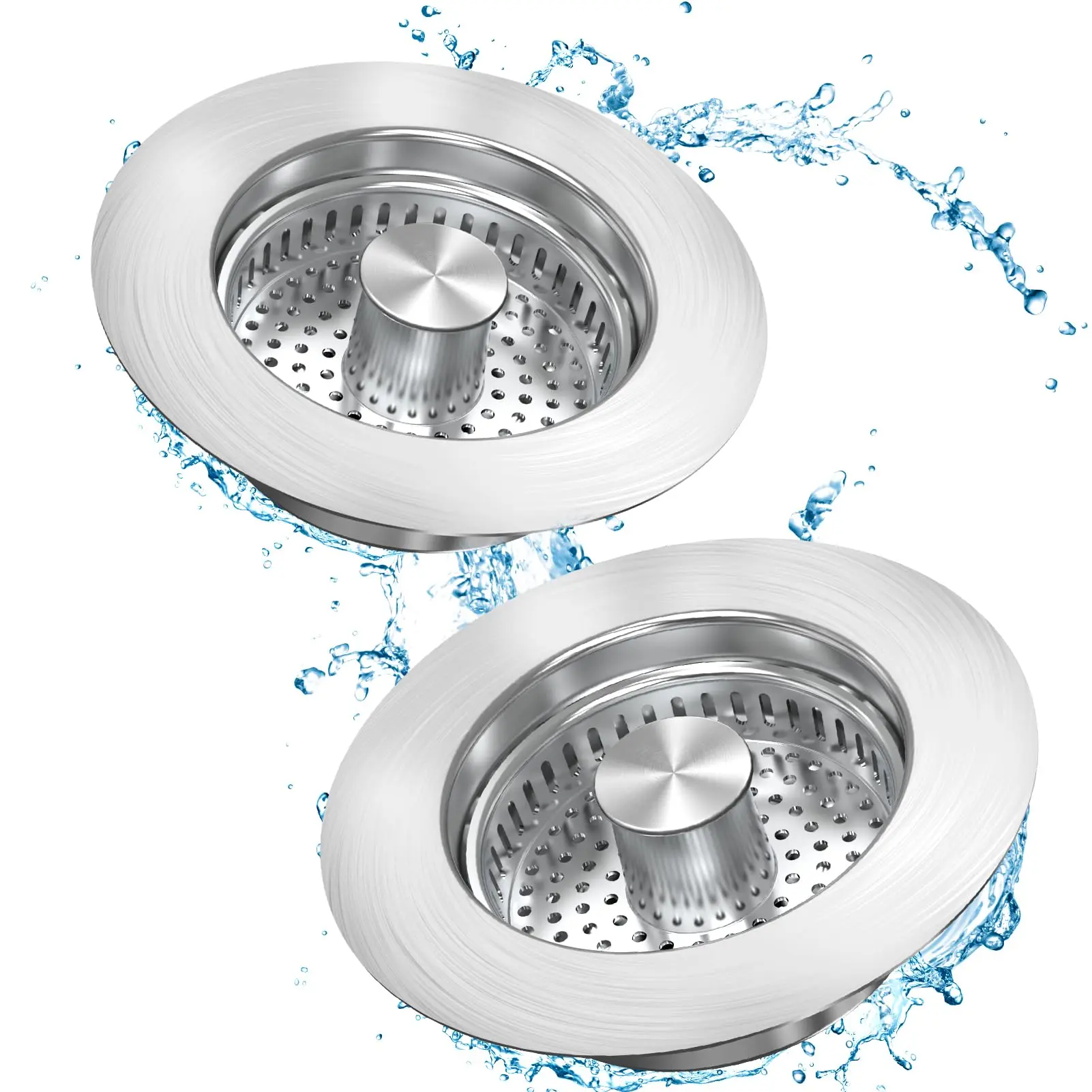 Kitchen Sink Drain Strainer - 2-Pack Stainless Steel Sink Stopper 3-in-1 Pop-Up Sink Strainer with Anti-Clogging Basket Odor Filter Sink Drain Cover Plug for US Standard 3-1/2 Inch Drain