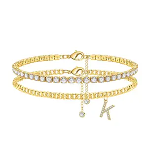 New double-layer 26-letter claw chain anklet, European and American fashion tennis chain with diamond-encrusted letters, layered beach style