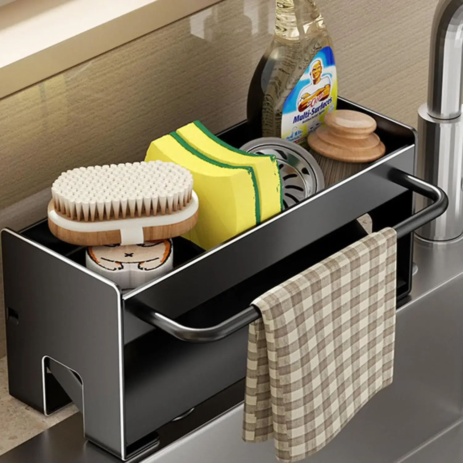 Stainless Steel Sink Caddy Kitchen Sink Organizer, Rustproof Sponge Holder with Brush Holder & Towel Bar, Drain Tray Countertop Sink Storage Organizer for Kitchen Accessories
