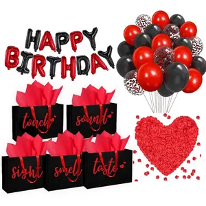 5 Senses Gift Bags Five Senses Birthday Party Decorations with Tissue Paper, Rose Petals and Happy Birthday Banner Balloons Five Senses Gift for Him Husband Boyfriend (Red black)