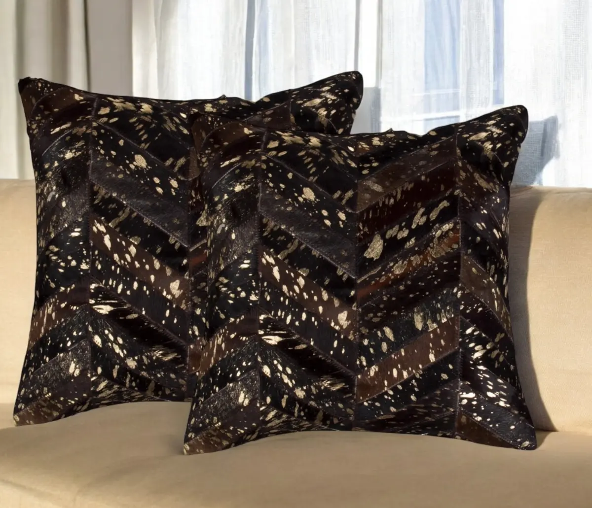 HomeRoots 544585 18x18 in. 2-Tone Standard Edge Decorative Pillows - Set of 2, Handmade Chocolate & Gold Chevron Cowhide, Transitional, Gender Neutral, Dry Clean Only