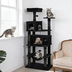 49/63/67-Inch Sturdy Gothic Cat Tree Condo for Indoor Cats Large Adult,Heavy Duty Cat Tower For Large Cats 20 lbs XL,Cat Climb Tree with Hommock,Scratching Post,2 Basket,Plush Perch,, Black