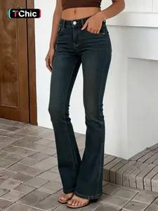 Women's Casual Denim Jeans Elastic Comfort Flare Pants New Elegant Aesthetic Washed Long Jeans, Fitted Style, All Seasons, Flared, Bottom