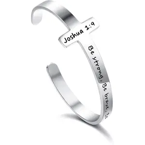 1Pc Inspirational Cross Bracelet for Women, Stainless Steel Religious Cuff Bracelet with Engraved Bible Verse, Christian Scripture Quote Jewelry Gift for Her