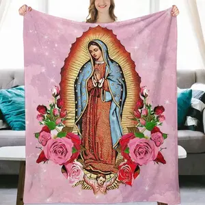 Our Lady of Guadalupe Blanket - Soft and Lightweight 280GSM Plush Flannel Throw Blanket, Vintage Religious Art, Rose and Halo Design, Adult Family 4 Sizes, All-Season Sofa Bed Decoration, Machine Washable Gift