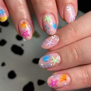 24pcs Ocean Adventure Oval Nails, Fun Marine Life Wearable Nail Stickers, Detachable Nail Wraps, Summer Vacation Style, Reusable