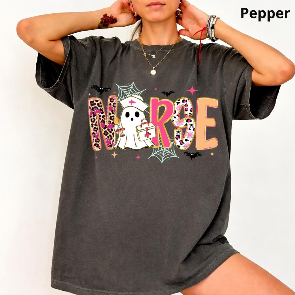 Comfort Colors Preppy Nurse Fall T-Shirt, Cute Ghost Boo Leopard Graphic Tee, Halloween Nurse Shirt, Cozy Autumn Nursing Apparel, Made in USA, Gift for Nurses