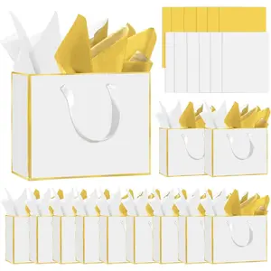 12 Pack White  Bags with Handles - Includes 24 Tissue Paper - 11.8"x10"x4" - Elegant 5 Senses  Bags for Wedding, Bridesmaids, Groomsmen, Guests, Easter, Mother's Day, Holiday (White )
