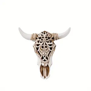 Resin Bull Skull Wall Hanging Decor - Intricate Floral Design, Indoor/Outdoor Rustic Home Decor for Halloween, Easter, Year-Round - No Electricity Needed