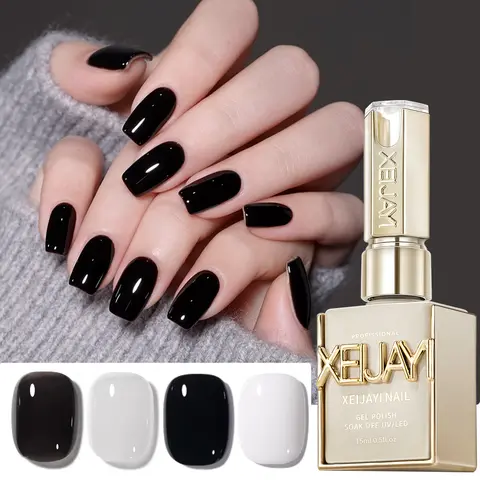 XEIJAYI 15ML Bottle Aesthetic Artificial Gel Nail Polish with UV Light - TPO&HEMA-Free, Alcohol-Free, Silky Glossy Finish, Soak-Off UV Curing, Nail Care Supplies for Home/Salon DIY (Black/White)